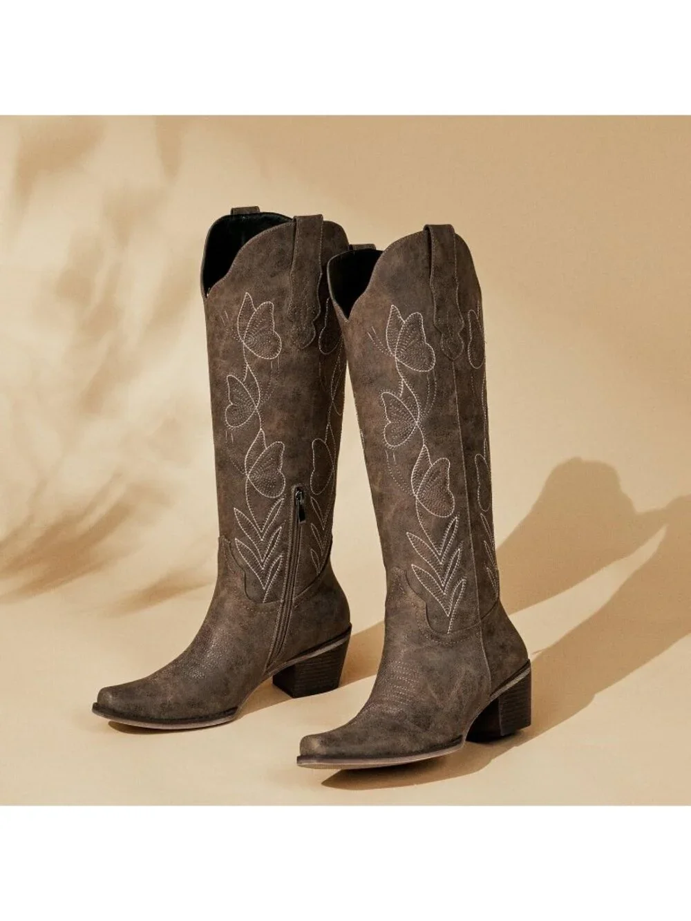 Women's Brown Butterfly Knee  Boots Embroidered Pointed Toe Chunky Heel